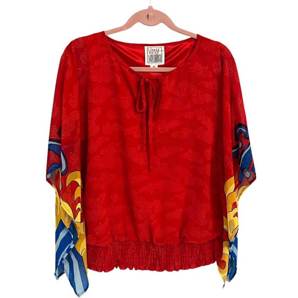 Very Vollbracht Womens Red & Multicolor Kaftan Blouse M Polyester Boho Chic Styl
